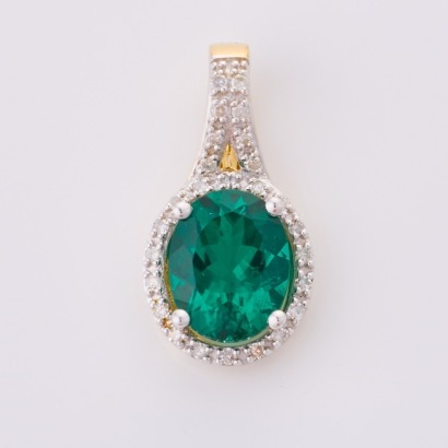 10ct White Gold, Synthetic Oval Mixed Cut Emerald / .15ct Diamond Pendant