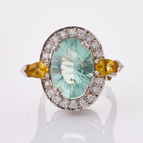 18ct White Gold, Handmade, 6.40ct Fluorite / .60ct Citrine / 1.14ct Diamond Ring