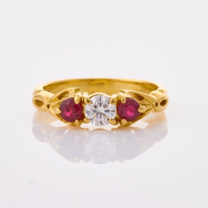 18ct Yellow Gold, .27ct Diamond / .40ct Ruby Three Stone Ring