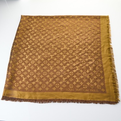 Louis Vuitton, Gold Metallic Monogram 47%Silk /17% Wool Scarf