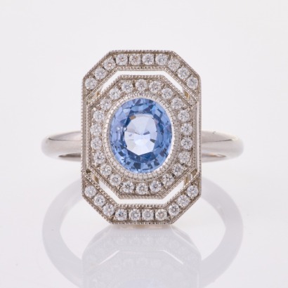 18ct White Gold, Modern, Bezel Set 1.69ct Sapphire / .29ct Diamond Ring - Near new