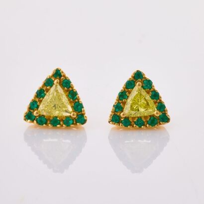 18ct Yellow Gold, Modern, .85ct Fancy Intense Yellow Diamond / .26ct Emerald Earrings