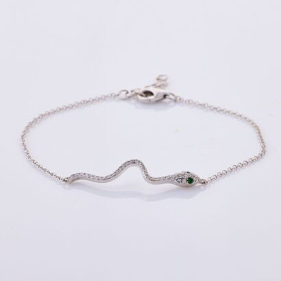 14ct White Gold, 17.5cm Modern, .02ct Tsavorite Garnet / .16ct Diamond Set Snake Bracelet