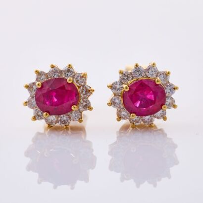 18ct Yellow Gold, 1.08ct Ruby/ .36 ct Diamond Cluster Stud Earrings