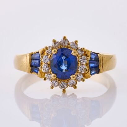 14ct Yellow Gold, .79ct Blue Sapphire /.33ct Diamond Set Cluster Ring