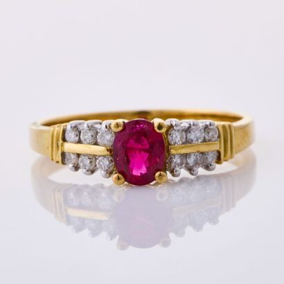 18ct Yellow Gold, Oval Ruby / .12ct Diamond Ring
