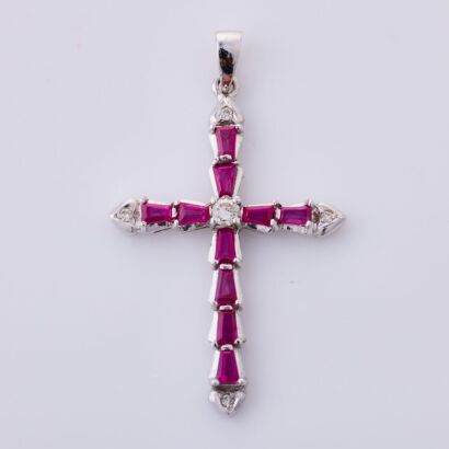 18ct White Gold, .76ct Ruby /.11ct Diamond Set Cross Pendant