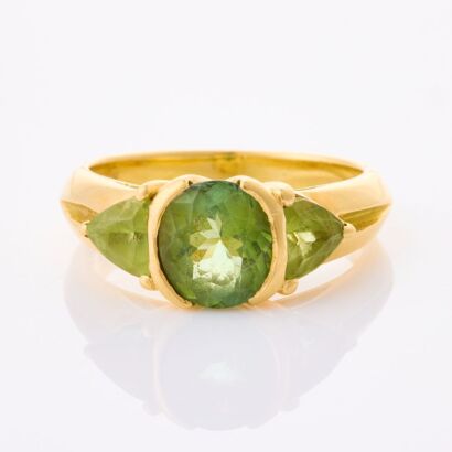 18ct Yellow Gold, Handmade, Oval Green Tourmaline / Trilliant Cut Peridot Ring