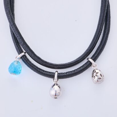 Ole Lyngaard, Leather Bracelet with Three "Sweet Drops Charms", One in Gold /10.60ct Blue Topaz /.19ct Diamond