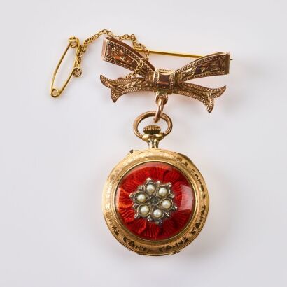 14ct Gold, Antique, Basse Taille Enamel / Seed Pearl Fob Watch on 9ct Gold Bow Brooch Clasp