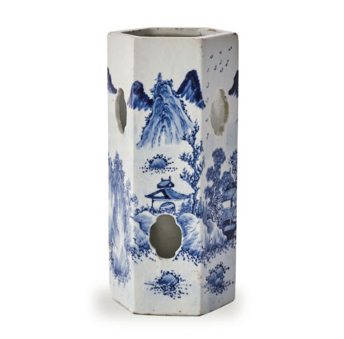 A Chinese Mid-Qing Dynasty Blue and White Hexagonal Hat Holder decorated with figures