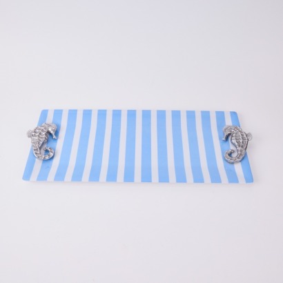 A Mariposa Striped Serving Tray with Seahorse Handles