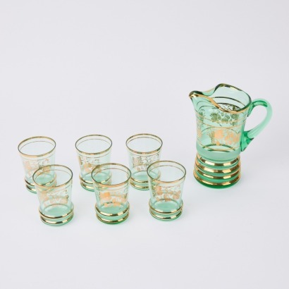 A Frosted Green and Gold Tone Stripe Decanter Glass Set