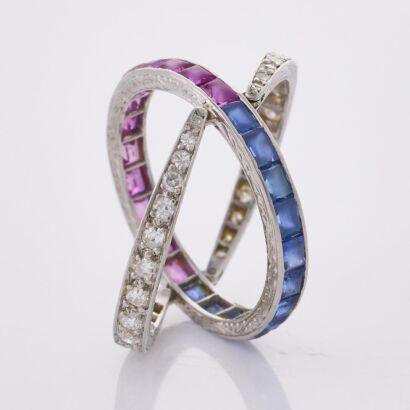 Platinum, Handmade Trifold, Multi-coloured Full Eternity, Hinged Ring