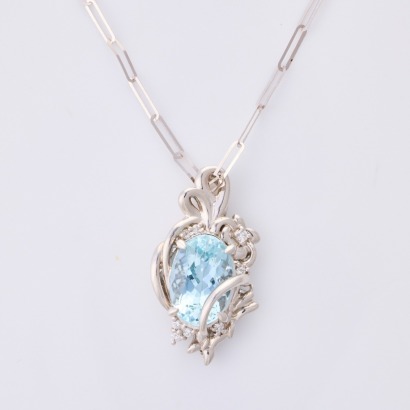 45cm, 18ct White Gold, Modern, 5.18ct Aquamarine / .13ct Diamond Necklace