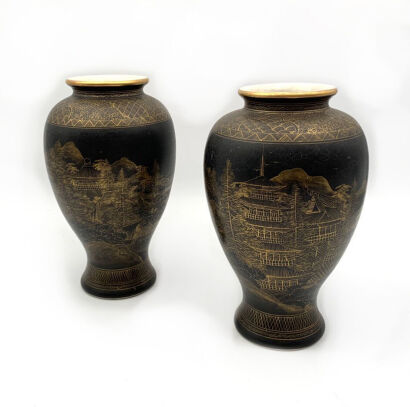 A Pair of Japanese Black Gilt Satsuma Vases