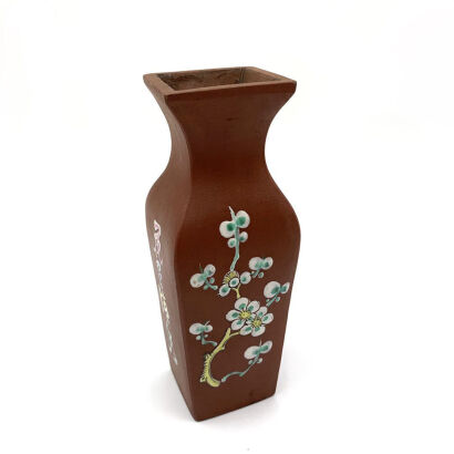 A Chinese Yixing Red Clay Coloured 'Flower and Bird' Square Vase