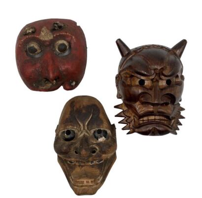 Two Japanese Kabuke Masks & Southeastern Asian Mask