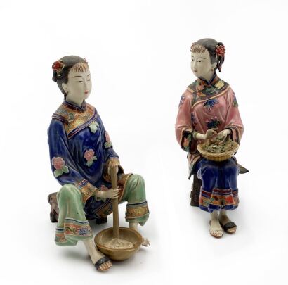 Two Chinese Shiwan Pottery Lady Sculptures (chip on feet)