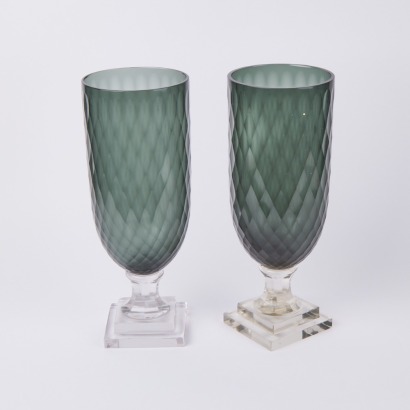 A Pair Of Diamond Cut Hurricane Vases