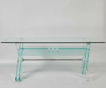 An Industrial Style Lucite Desk with Glass Top