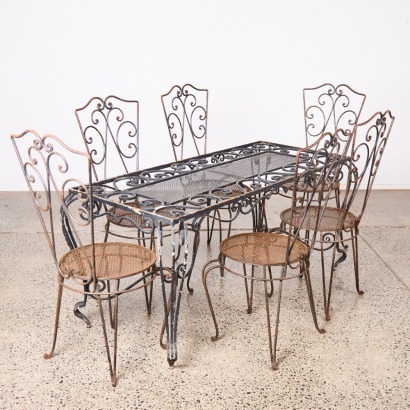 A French Wrought Iron Table With Six Chairs AF