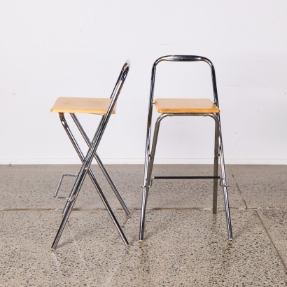 A Pair Of Beech And Chrome Fiam Bar Stools, Italy