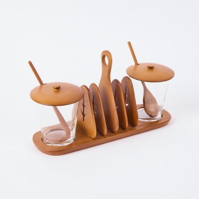 A Vintage Teak Toast Rack with a Pair of Condiment Jars