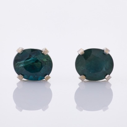 14ct White Gold, 5.75mm x 4.75mm Oval Blue/Green Sapphire Stud Earrings