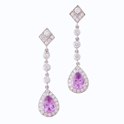 18ct White Gold, 1.36ct Pink Sapphire / .72ct Diamond Drop Earrings - As new