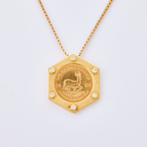 18ct Yellow Gold, Diamond Set, 1980 Krugerrand Coin Pendant on 9ct Yellow Gold 50cm Snake Chain