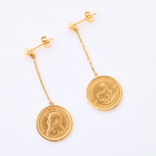 14ct Yellow Gold, Drop Earrings with 1981 Krugerrand Coins