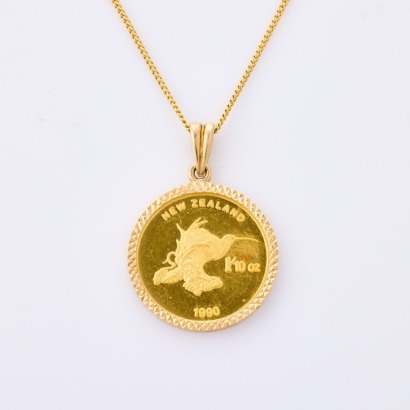 9ct Yellow Gold, Pendant and 49cm Chain with One New Zealand Gold Coin