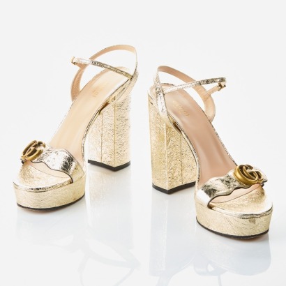 Gucci, GG Marmont Gold Metallic Leather Platform Sandals, Size 40