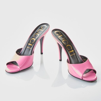 Gucci, Scarlett Pink Leather Open Toe Slides, Size 40