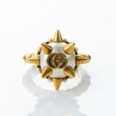 Gucci, GG Logo Faux Pearl Studded Ring, Size M with Box