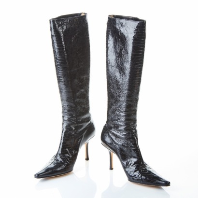 Jimmy Choo, Black Lizard Print Knee High Boots, Size 41 with Box