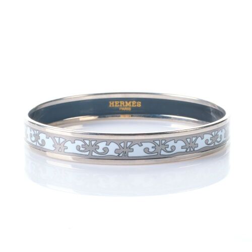 Herm&egrave;s, 10mm Wide Silver Tone / White Enamel Bracelet