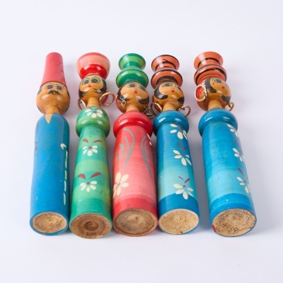 A Set of Five Wooden Peg Dolls, Port Said Egypt