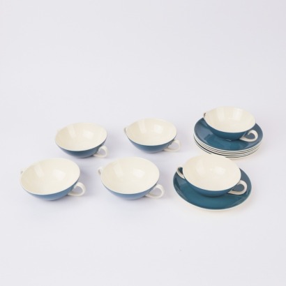 A Set of 6 Poole England Blue Moon Soup Bowls and Saucers