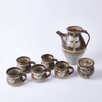 A Negative Leaf Marked Warwick Lidgard Set of Five Mugs, a Jug and a Sugar Bowl