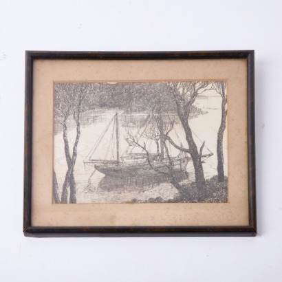 An Etching of a Ship in Harbour
