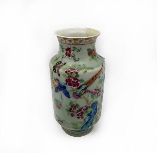 A Chinese Mid Qing Dynasty Celadon Glazed Canton Famille Rose Vase (repaired on rim)