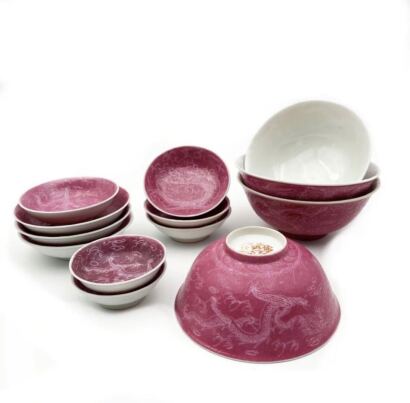 Chinese Pink Ground Incised 'Dragon' Dinner Set - 13 pieces