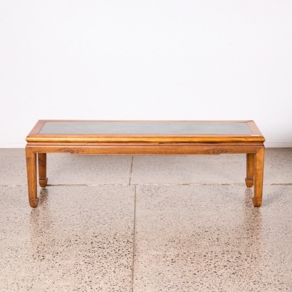 A Long Low Heavy Oriental Style Table With Green Marble Like Top