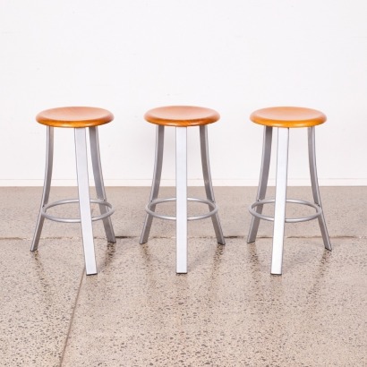 A Trio Of Minimal Metal & Wood Barstools
