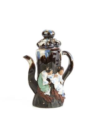 A Sumida Pottery Export Narrow Teapot with Mottled Glaze with Two Kimono Clad Young Girls
