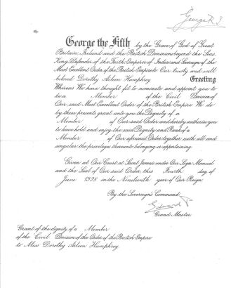 An MBE Certificate signed by George V