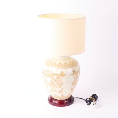 A Large Porcelain Table Lamp with Wooden Base