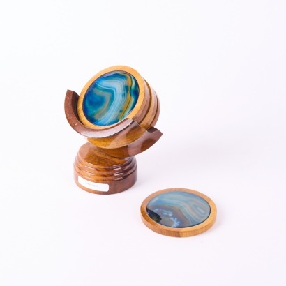 A Set of Six Wood & Polished Stone Coasters